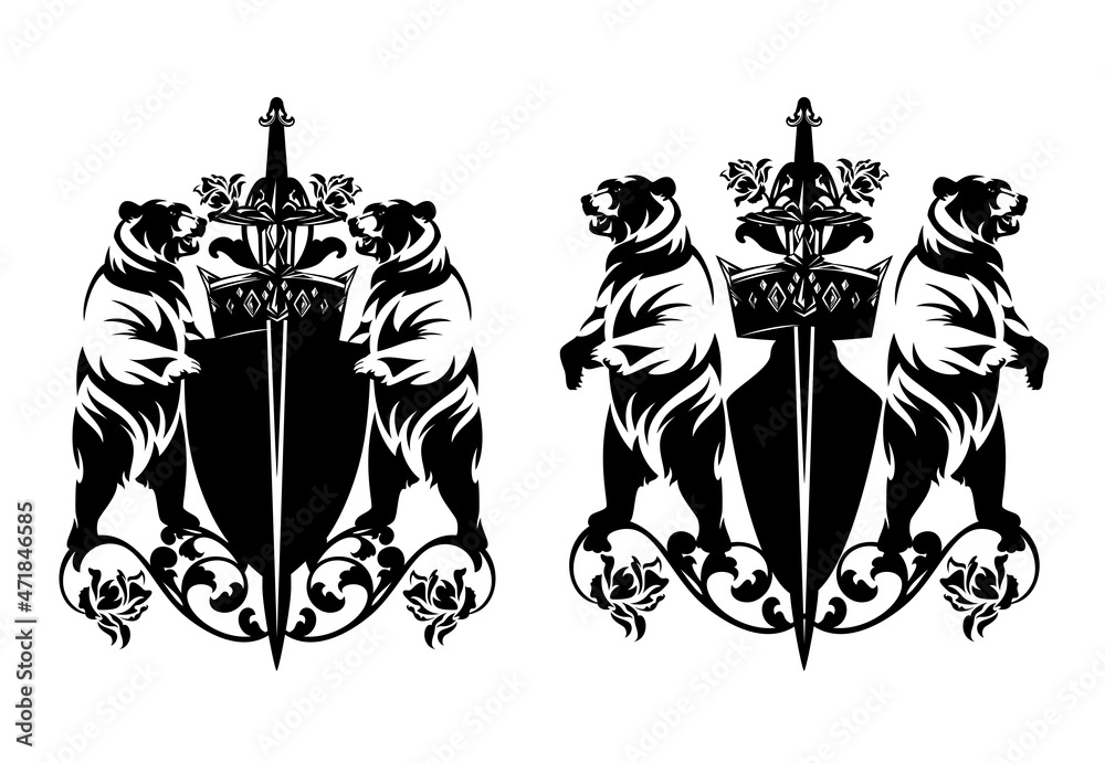 two bears holding heraldic shield, king crown, knight sword and rose ...