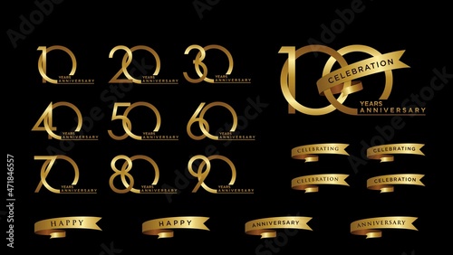 Set of anniversary logotype with gold ribbon. Golden anniversary celebration emblem design for booklet, leaflet, brochure poster, web, invitation or greeting card. Vector illustration.