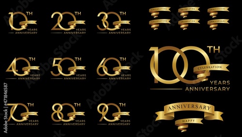 Set of anniversary logotype with gold ribbon. Golden anniversary celebration emblem design for booklet, leaflet, brochure poster, web, invitation or greeting card. Vector illustration.