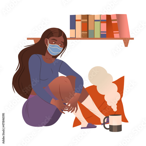 Girl in protective mask staying at home with self quarantine. Compelled Isolation due to Covid 19 Pandemic vector illustration