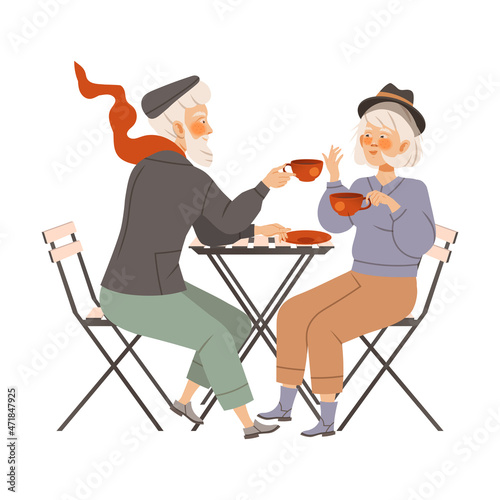 Elderly couple sitting at table in cafe or restaurant. Man and woman talking, eating and drinking at cafeteria vector illustration