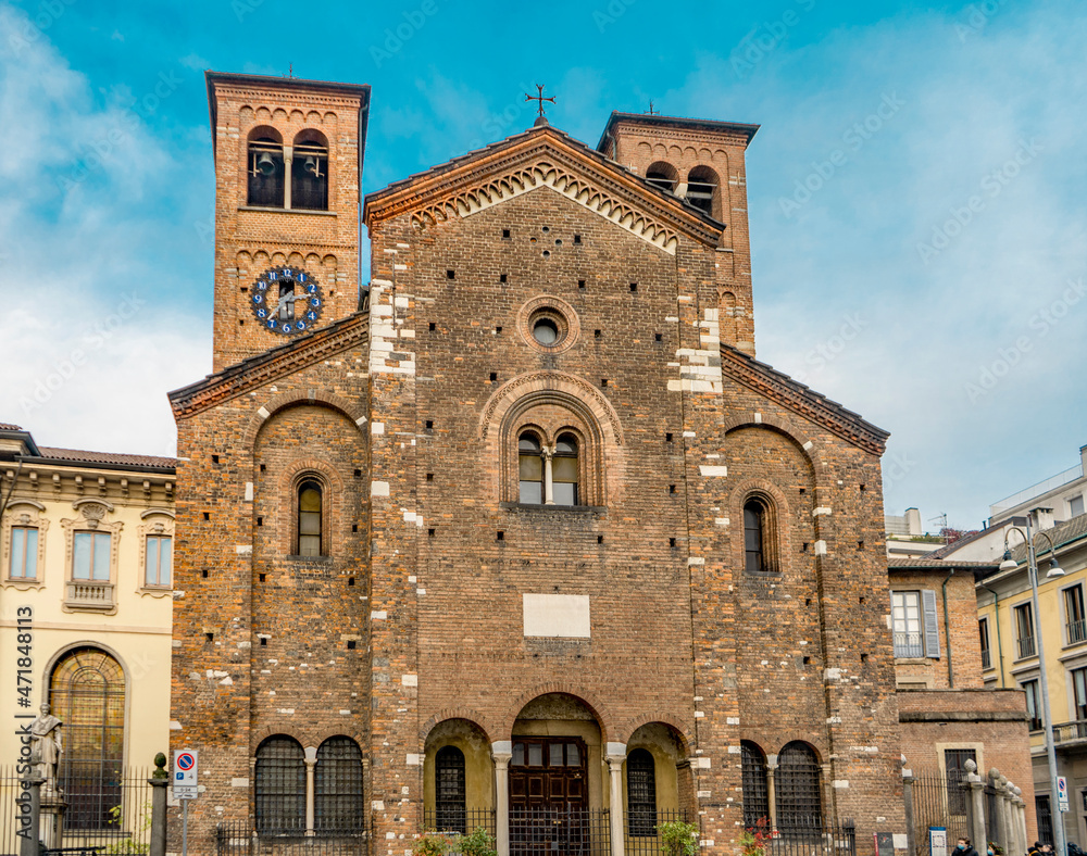 The façade of the Catholic church of San Sepolcro, originally built in 12th century, in Romanesque style, part of the Ambrosian Library, Milan city center, Lombardy region, Italy