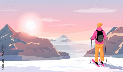 Skier in pink, orange stand on snow in mountains enjoys looking beautiful Alps scenery at purple dawn, sunrise, sunset. Morning or evening winter landscape, fog rocks in sunshine. Vector illustration