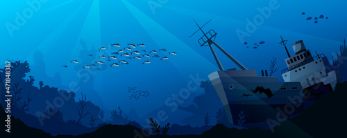 Sunken ship, wreck boat under dark blue sea, ocean water. Sun, moon beams light trough underwater marine bottom, undersea nature, coral reef, fishes in background, landscape, view. Vector illustration