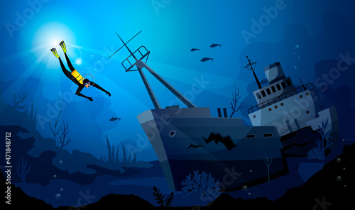 Scuba diver under dark blue water explore sunken ship, wreck boat on sea, ocean bottom with coral reef, fishes in background, sun or moon beams light through cover of water. Vector illustration photo