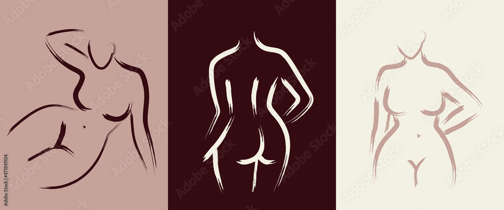 Minimalist brush stroke art of woman body. Curvy girl silhouette in line art style. Nude abstract female drawing. Modern bohemian vector illustration for print or design