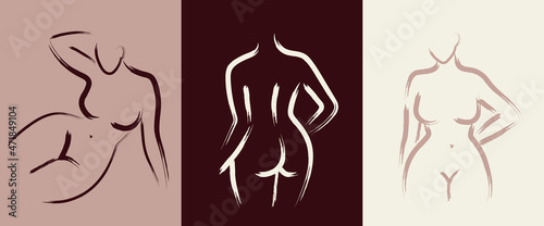 Minimalist brush stroke art of woman body. Curvy girl silhouette in line art style. Nude abstract female drawing. Modern bohemian vector illustration for print or design