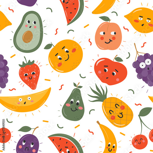 Seamless pattern with cute hand drawn fruits. Avocado watermelon banana peach orange apple grape pineapple plum cherry on white background. Funny doodle faces with various emotions