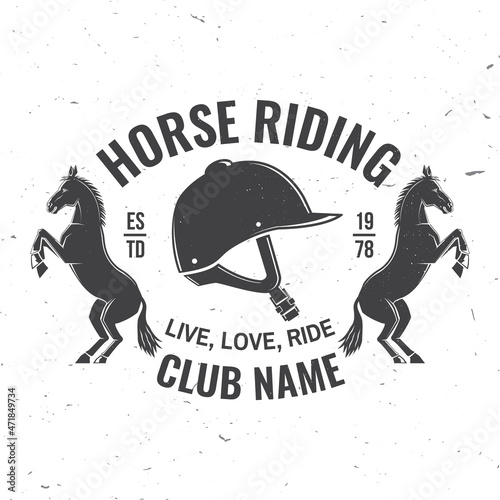 Horse racing sport club badges, patches, emblem, logo. Vector illustration. Vintage monochrome equestrian label with helmet and horse silhouettes. Horseback riding sport. Concept for shirt or logo
