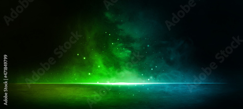 Fantasy Green Surreal Backdrop Background of empty room with spotlights and lights, abstract green background with neon glow