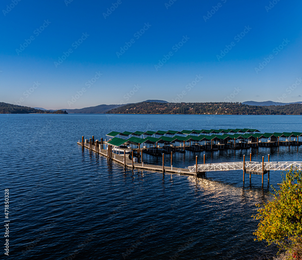 Green Boat Slips at Sanders Beach, Lake Coeur d' Alene, Coeur d' Alene, Idaho, USA