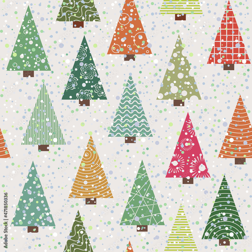 Seamless pattern Christmas forest during a snowfall on a light background.