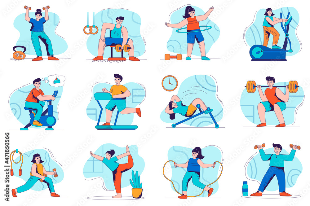 Fitness concept isolated person situations. Collection of scenes with people exercise at gym, doing weightlifting, cycling, doing yoga or jumping rope. Mega set. Vector illustration in flat design