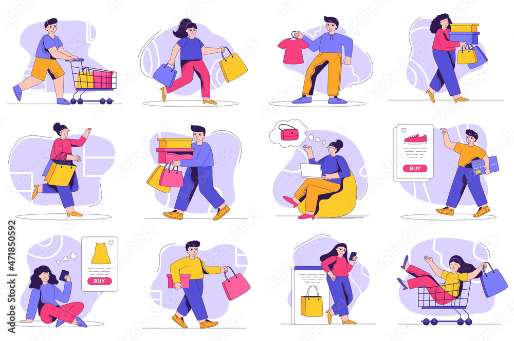 Shopping concept isolated person situations. Collection of scenes with people customers with carts and bags make purchases at sales in stores or online. Mega set. Vector illustration in flat design