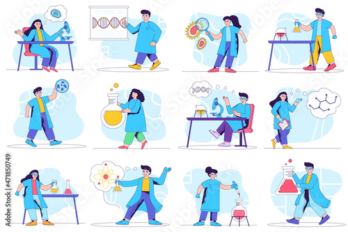 Laboratory concept isolated person situations. Collection of scenes with people make lab tests, study viruses and molecules, make scientific discoveries. Mega set. Vector illustration in flat design