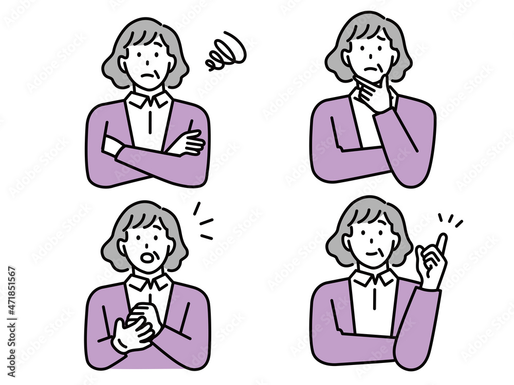 疑問と問題の解決を表情で表す女性のイラスト(ソーシャルメディア、発見、シニア世代、閃き、考える、理解する、悩む) An illustration of a woman who expresses questions and problems with his expression.Social media, senior generation, thinking, worrying. 疑問と問題の解決を表情で表す女性のイラスト(ソーシャルメディア、発見、シニア世代、閃き、考える、理解する、悩む) An illustration of a woman who expresses questions and problems with his expression.Social media, senior generation, thinking, worrying.