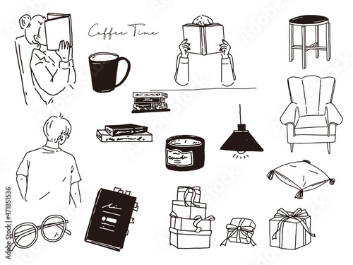 白黒、モノトーン、線画のイラスト(手書き、読書、カフェ、人物、コーヒー、リラックス) Illustrations of black and white, monotone, and line drawings.Handwriting, reading, cafe, personality, relaxation.