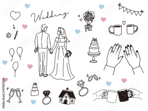 白黒、モノトーン、線画のイラスト(結婚式、カップル、夫婦、招待状、ウェルカムボード、指輪、新生活、幸せ) Illustrations of black and white, monotone, and line drawings.Weddings, couples, invitations, rings, happiness.