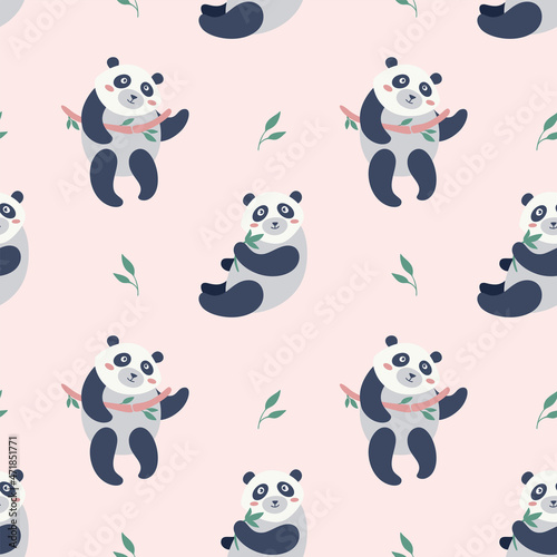 Fototapeta Naklejka Na Ścianę i Meble -  cute vector panda seamless pattern. Cartoon panda bears with bamboo for kids on pink bakground illustration