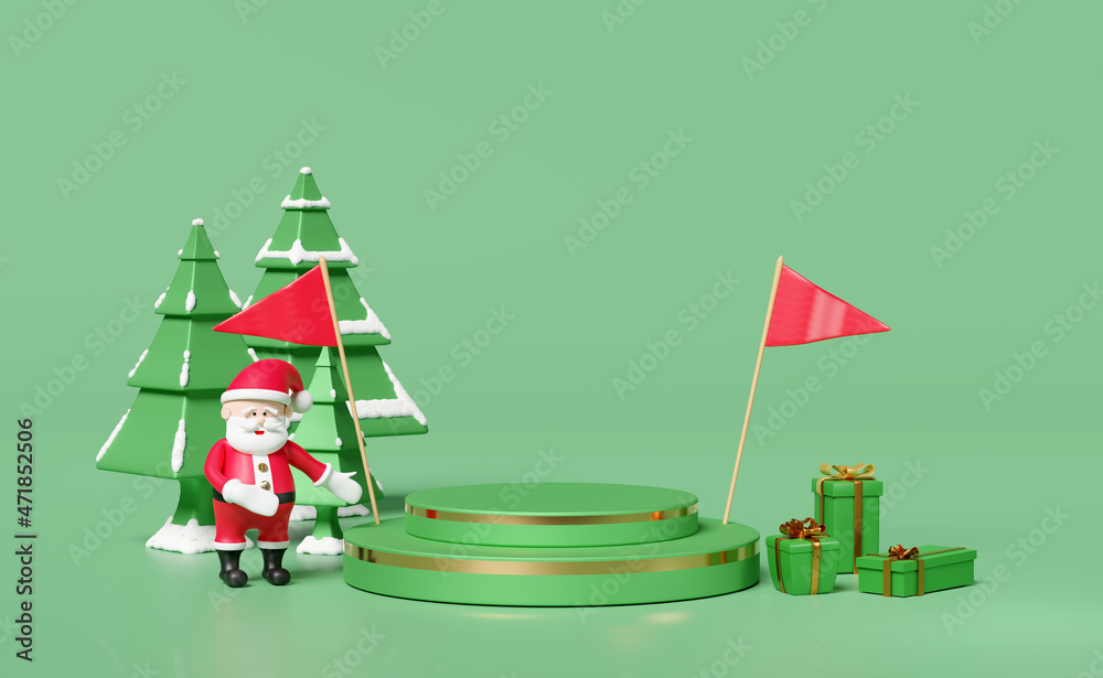 Santa claus with gift box,christmas tree,cylinder stage podium,space,flag isolated on green background.website,poster or Happiness cards,festive New Year concept,3d illustration or 3d render