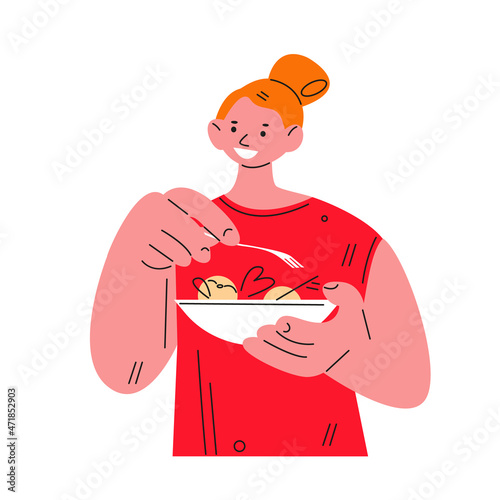 Young woman girl eating salad food. Vector illustration in flat style.