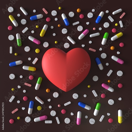 Red toy heart surrounded by pills of different shapes and colors. Love pills. 3d rendering