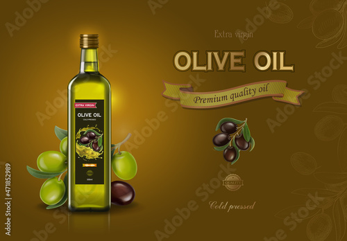 Olive oil advertising. Bottle of oil with olive branch 3d illustration vector