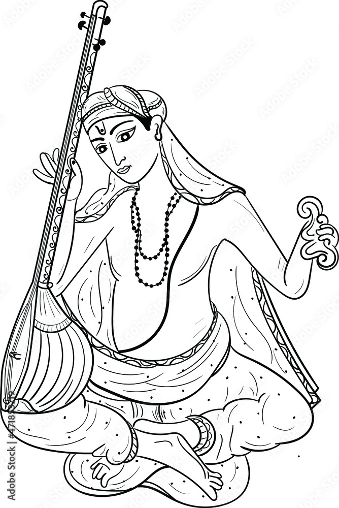 Vecteur Stock Indian wedding clip art of a man playing music instrument sitar by hands.Hinduism