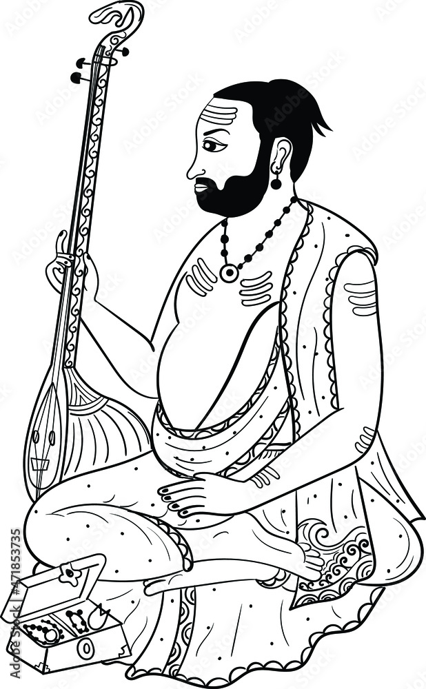 Indian wedding clip art of a man playing music instrument sitar by hands.Hinduis wedding symbol