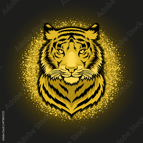 Gold tiger on a black background vector illustration. Symbol of the 2022. New Year greeting card.