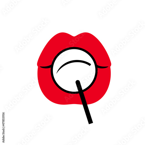 Mouth licking lollipop, lips and candy on a stick