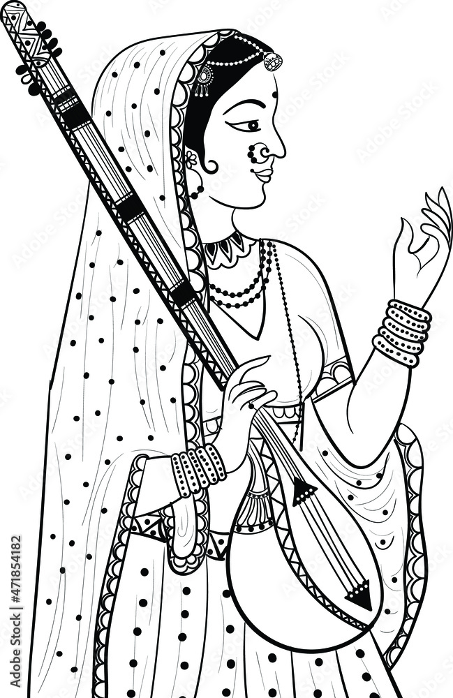 Indian wedding clip art of woman playing sitar with hands, black and