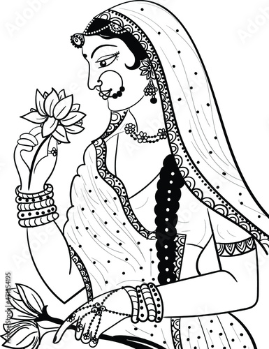 Fényképezés Indian wedding clip art of a lady or bride with lotus flower black and white clip art Illustration line drawing