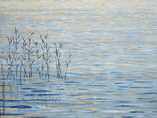Reeds in the lake. Oil painting. Rest and relaxation. Evening by the water © Gunars