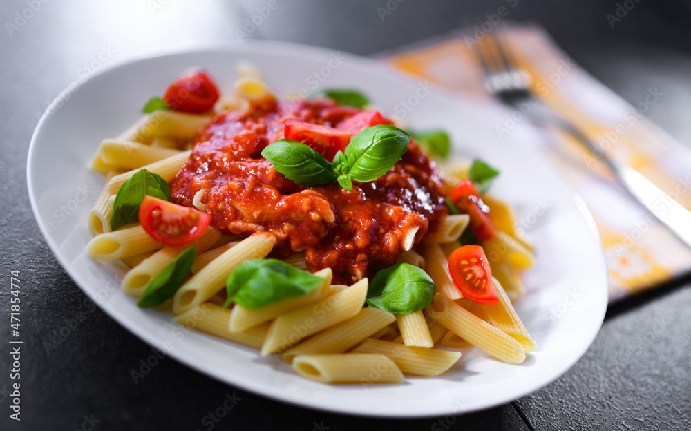 Composition with a plate of pasta penne rigate Composition with a plate of pasta penne rigate