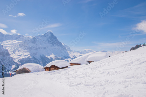 Beautiful panoramic view of snow-capped mountains in the Swiss Alps.Grindelwald, Switzerland, March 22. 2020.