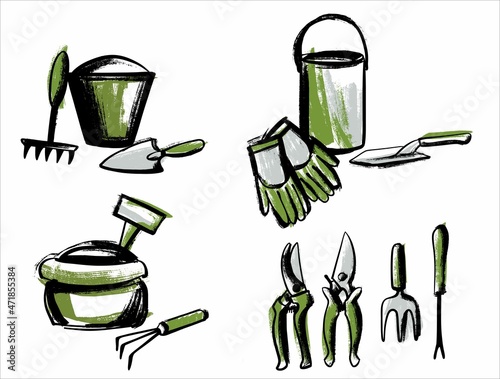 A set of garden tool compositions. Preparation for planting seeds. Illustration in the style of careless sketch and scrapbooking. Vector on an isolated background.