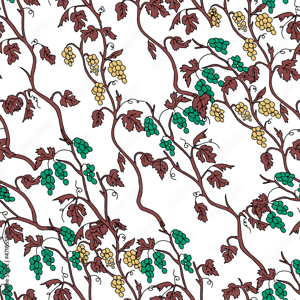 Fototapeta premium Outline hand drawn vector illustration of a brown grape vine plants with yellow and green fruits isolated on a white background. Seamless pattern