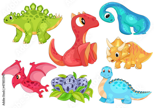 Set of little cute dinosaurs and dinosaur eggs in the grass. Flat vector illustration isolated on white background.