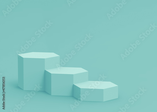 3d blue green hexagon podium minimal studio background. Abstract 3d geometric shape object illustration render. Display for technology medical and science product.