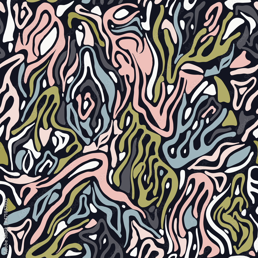 Original seamless pattern of colored flowing abstract shapes