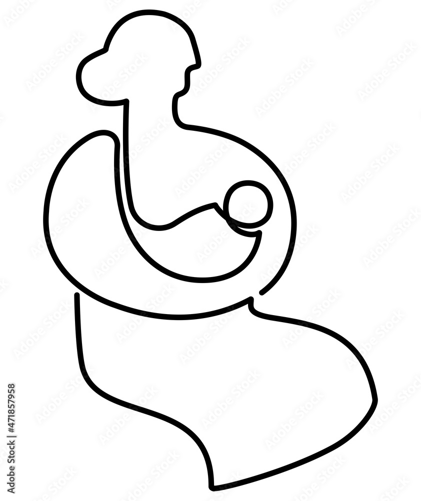Fototapeta premium Seated woman with a baby in her arms. Continuous line drawing. Flat design illustration.