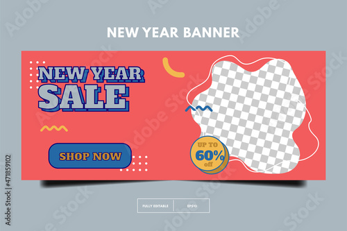 Horizontal banner template. Social media promotion template. New year sale 80s retro post template. memphis social media design. banner template design with space for photo