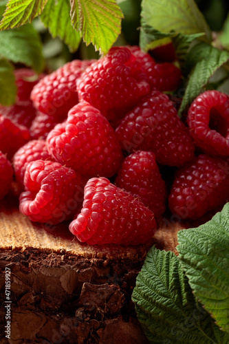 Fresh juicy raspberries with leaves.