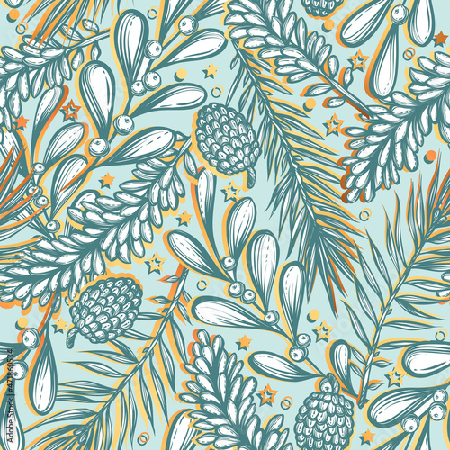 Vector Christmas composition with spruce and pine branches, mistletoe, cones. Background light, seamless pattern