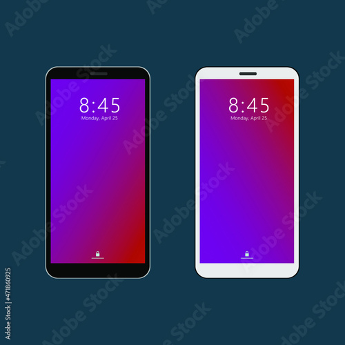 Realistic smartphone  computer lock screen with abstract colored geometric wallpaper. Big and small modern tablet PC design isolated on white background. Vector Illustration
