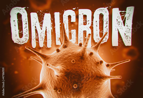 Coronavirus Omicron variant 3d render concept. Macro coronavirus cell and Omicron text in front of blurry virus cells floating on air. The Omicron variant also known as the B.1.1.529 photo