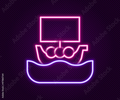 Glowing neon line Ancient viking scandinavian drakkar icon isolated on black background. Viking transport ship. Colorful outline concept. Vector