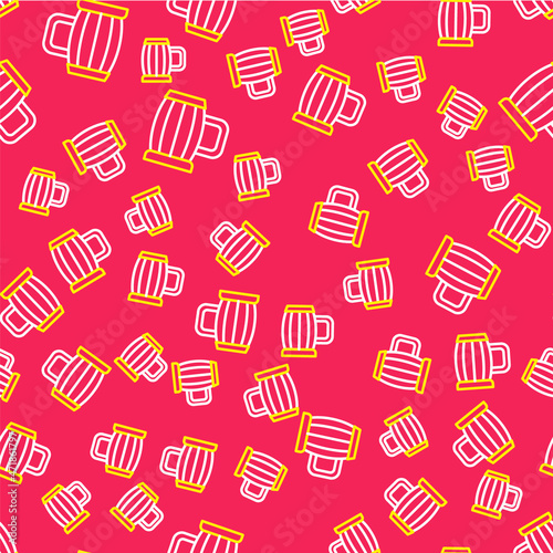 Line Wooden beer mug icon isolated seamless pattern on red background. Vector