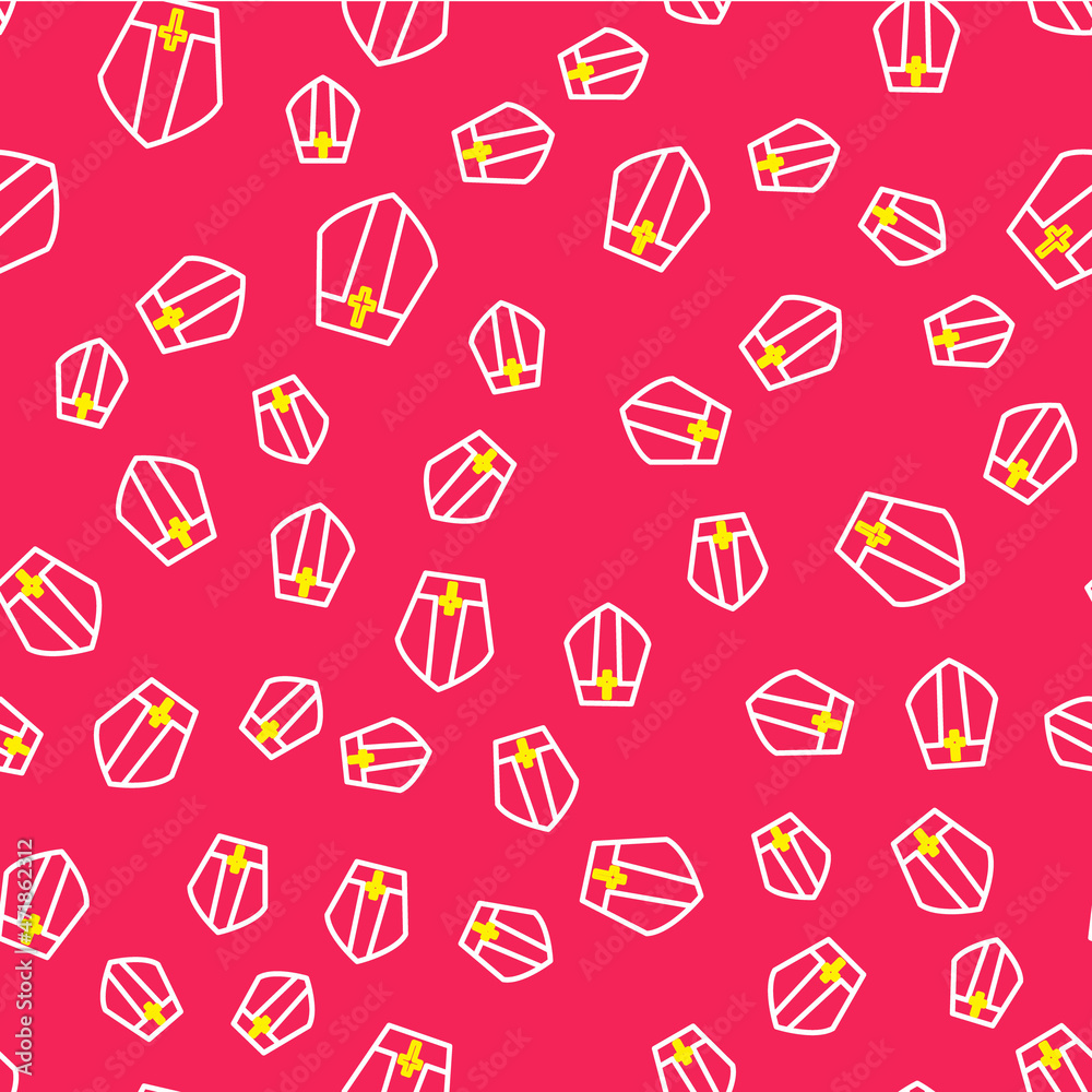 Line Pope hat icon isolated seamless pattern on red background. Christian hat sign. Vector Line Pope hat icon isolated seamless pattern on red background. Christian hat sign. Vector